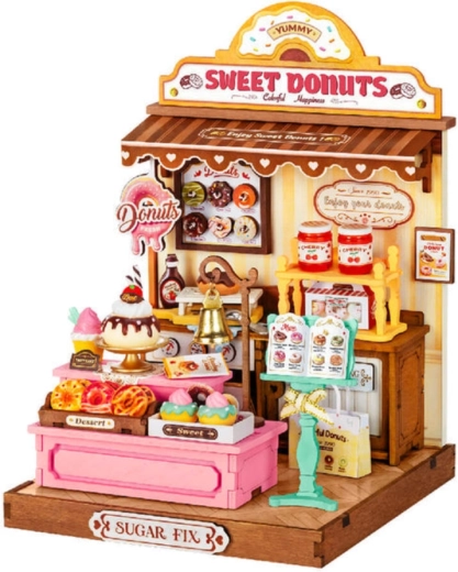 RoboTime miniatura domku – sklep z donutami – drewniana układanka 3D