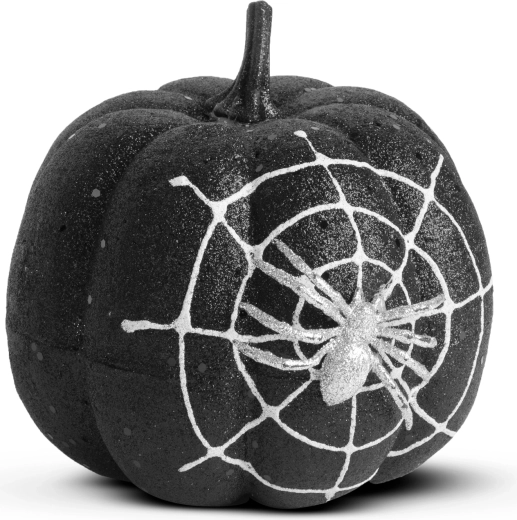 Halloweenowa dekoracja dynia z pająkiem i czarnym brokatem 15 cm