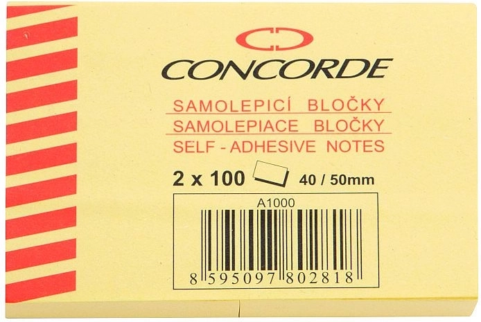 Samoprzylepny bloczek żółty 40 × 50 mm CONCORDE, 2 × 100 kartek