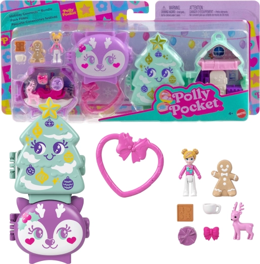 Mattel Polly Pocket świąteczny łączony kompaktowy zestaw do zabawy Holiday Connects – choinka i renifer – 2 szt.