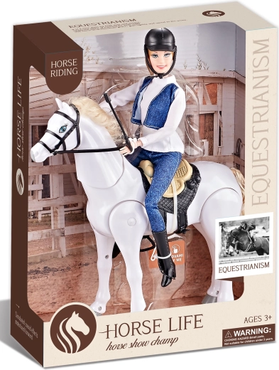 Jeździecki biały koń na baterie z dźwiękami i amazonką