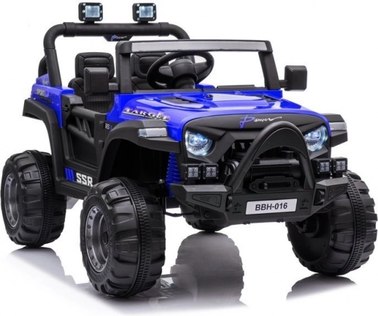 Dziecięcy elektryczny samochodzik 12V w niebieskim kolorze z kołami EVA i pilotem