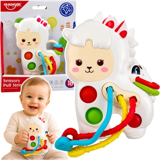 Zabawka sensoryczna dla niemowląt – lama ze sznurkami do przeciągania i przyciskami pop-it