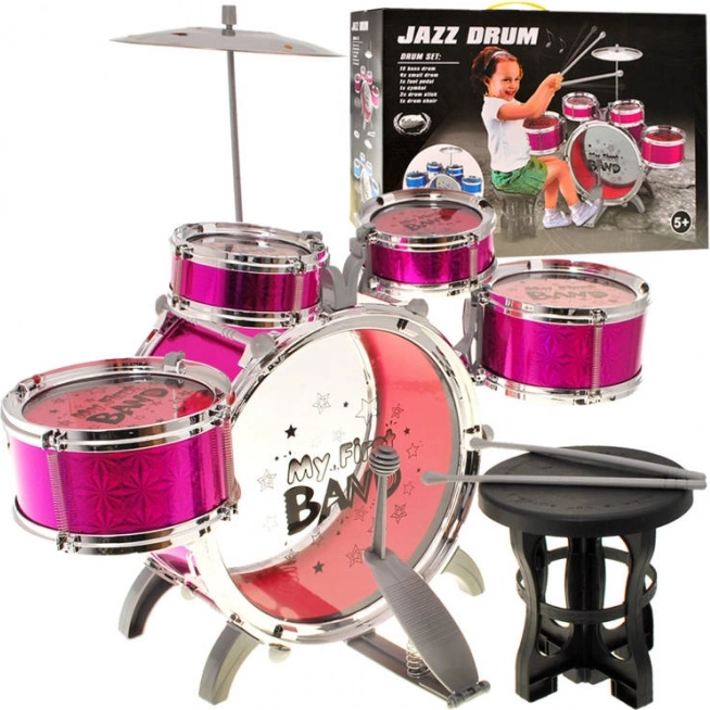 Dziecięcy zestaw perkusyjny 5‑częściowy z krzesełkiem – Różowa