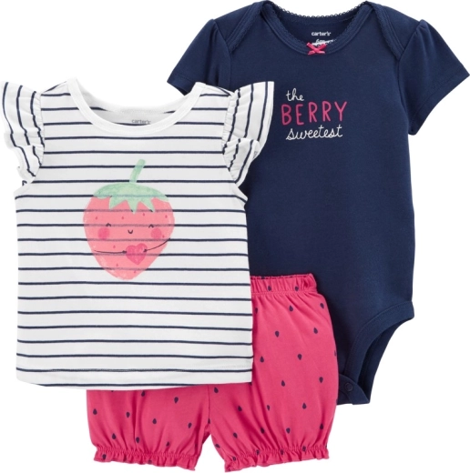 Dziewczęcy 3‑częściowy letni zestaw STRAWBERRY STRIPES z bawełny (body, koszulka, szorty)