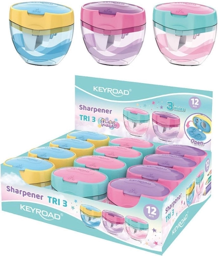 Temperówka Keyroad Tri Plus pastelowa, trzyotworowa z pojemnikiem o dużej pojemności