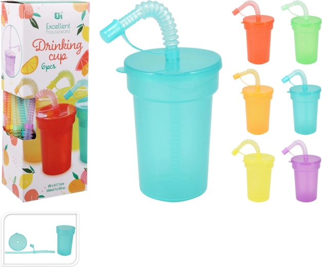Plastowy kubek z pokrywką i słomką 380 ml, mix kolorów, zestaw 6 szt.