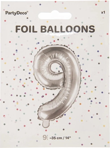 Foliowy balon w kształcie cyfry 9, srebrny, 35 cm