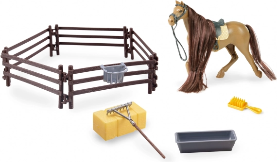 Brązowy koń z akcesoriami i zagrodą 14 cm