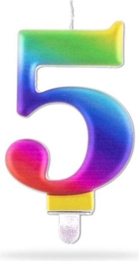 Świeczka cyfra 5 na patyczku tęczowa 7,5 cm