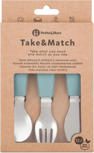 Petite&Mars zestaw dziecięcych sztućców ze stali nierdzewnej Take&Match Frosted Sky 12m+