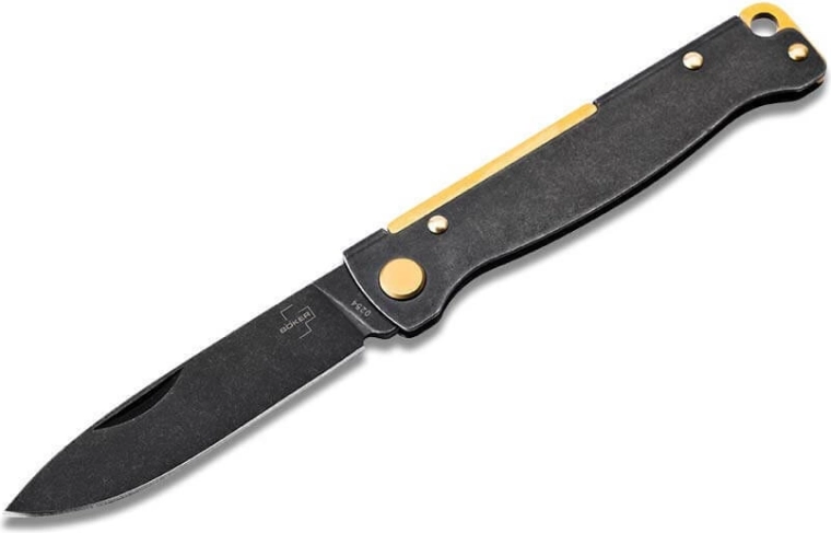 Scyzoryk Böker Plus Atlas, 7,2 cm, czarne wykończenie Blackwash, mosiężne elementy