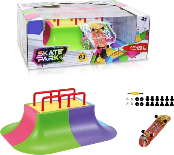 Modułowy zestaw skatepark 6w1 z multi-railem i fingerboardem