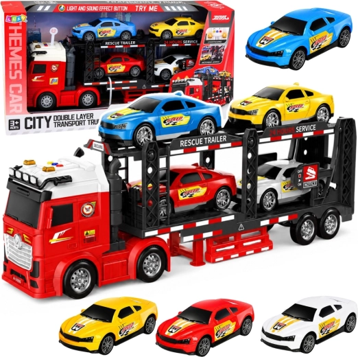 Ciężarówka transportowa – autotransporter z 4 sportowymi autami, światła i dźwięki