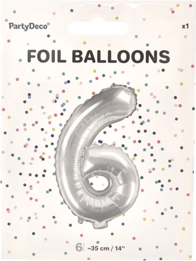 Balon foliowy cyfra 6 srebrny 35 cm