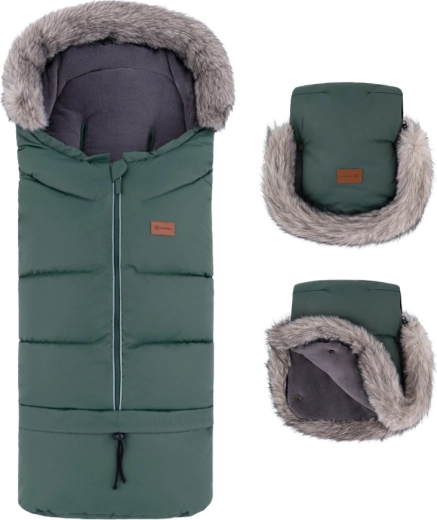 Petite&Mars zestaw zimowy: śpiworek Arctic 4w1 i rękawice do wózka Furry khaki