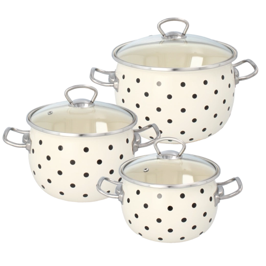 Zestaw 3 emaliowanych garnków z pokrywkami, białe w kropki 2,5 l, 3,5 l, 5 l