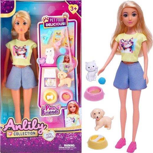 Lalka z kotkiem, pieskiem i miskami do karmienia