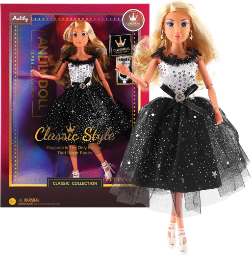 Modna lalka w czarno‑białej sukni wieczorowej