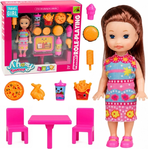 Mini laleczka z zestawem fast food, stolik i 2 krzesełka (11 cm)