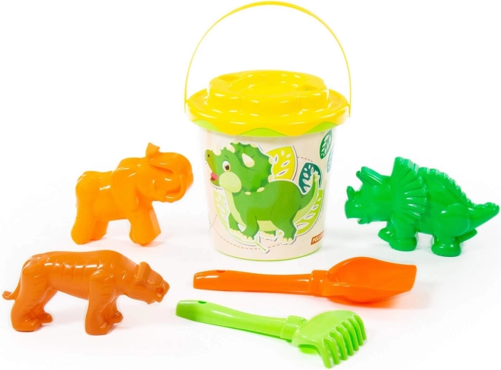 Dziecięcy zestaw do piasku Dino – wiaderko, łopatka, grabki i foremki