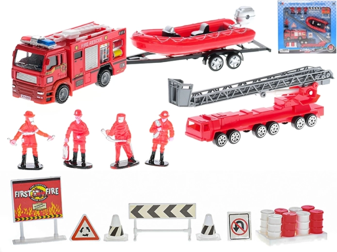 Zestaw strażacki – metalowe pojazdy z napędem typu freewheel i figurki
