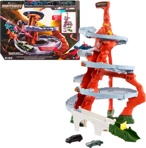 Matchbox The Movie górska trasa pościgowa z helikopterem – zestaw do zabawy (tor + 2 autka + helikopter)