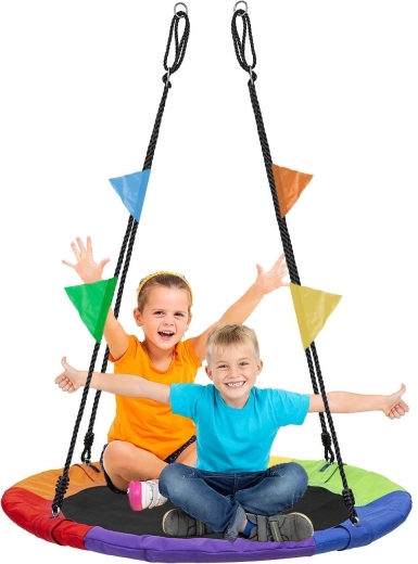 Ogrodowa huśtawka „bocianie gniazdo” XL 100 cm, 150 kg, multikolor z chorągiewkami