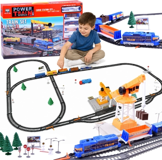 Elektryczna kolejka towarowa Power Train World Cargo ze stacją i dźwigiem, 670 cm, 59 elementów