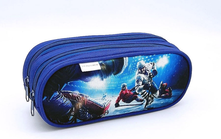 Piórnik z motywem hokeja na lodzie, dwukomorowy na suwak, niebieski