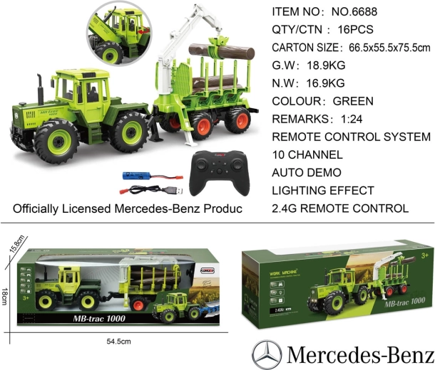 Zielony traktor RC Mercedes-Benz z przyczepą do drewna i żurawiem 1:24