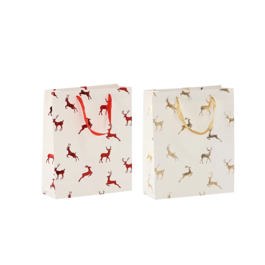 Świąteczna torebka na prezenty z reniferami, kremowa, 18 × 24 × 8 cm