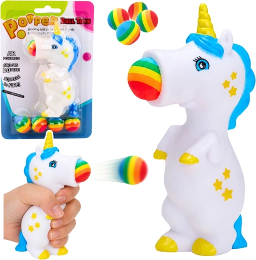Gumowy jednorożec wystrzeliwujący piłeczki – zabawka dla dzieci (5 piłeczek)
