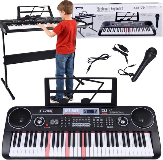 Elektroniczny keyboard z 61 podświetlanymi klawiszami ze stojakiem i mikrofonem