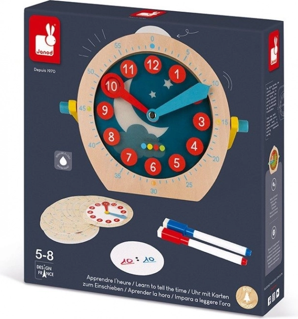 Janod drewniany zegar edukacyjny ze ścieralnymi kartami
