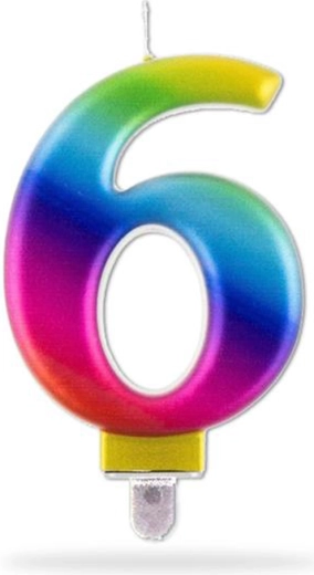Tęczowa świeczka urodzinowa cyfra 6 na tort, 7,5 cm