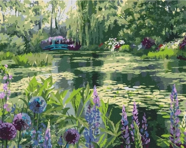 Malowanie po numerach Jezioro w lesie z liliami 40 × 50 cm