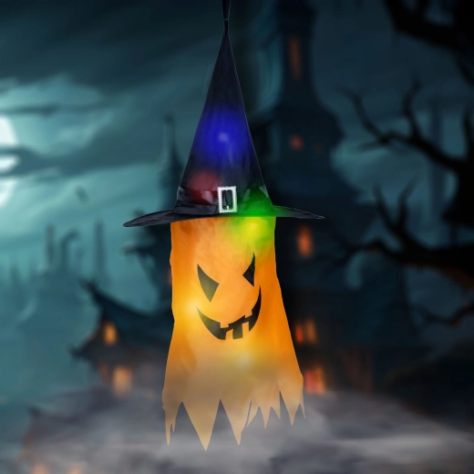 Halloweenowa wisząca dekoracja LED duch żółty