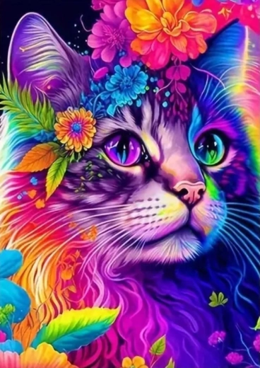 Malowanie diamentowe kolorowy kot z kwiatami 30 × 40 cm