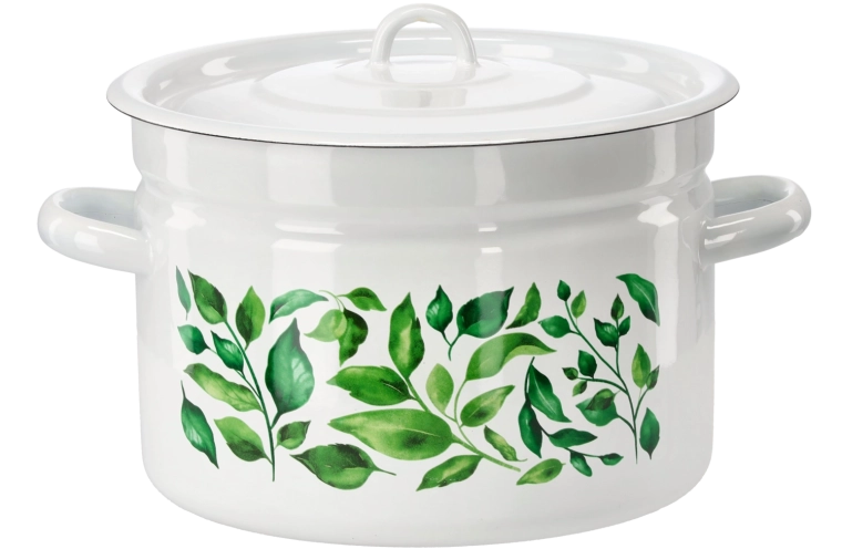 Emaliowany garnek 9 l, 26 cm, biały z motywem fikusa, z pokrywką