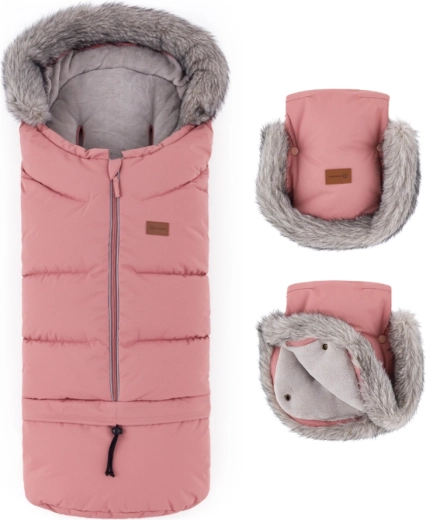 Petite&Mars zimowy zestaw: śpiworek Arctic 4w1 i rękawice do wózka Furry old rose