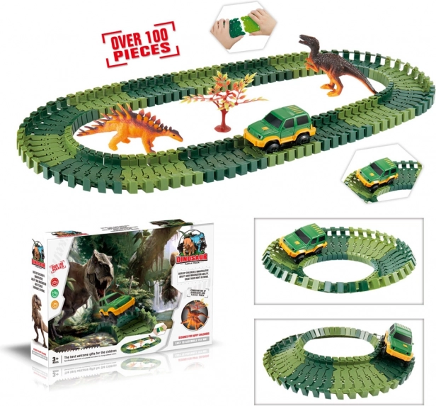 Zmienne tory z dinozaurami – 100 elementów z świecącym autkiem