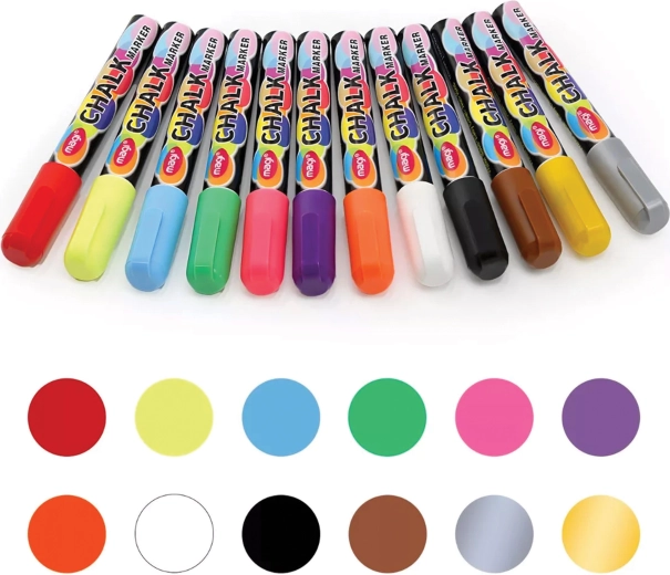 Zestaw płynnych markerów kredowych do tablic i szkła, 12 kolorów, 6 mm
