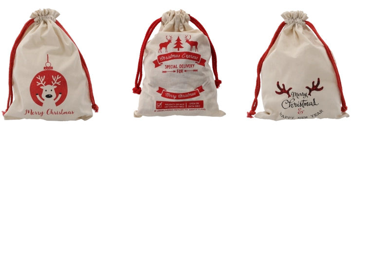 Świąteczny bawełniany worek prezentowy 28 × 40 cm, naturalny, mix wzorów (opakowanie 15 szt.)