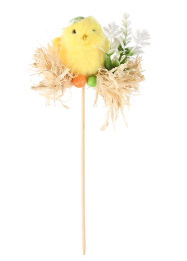 Wielkanocna ozdoba na patyku z kurczątkiem w słomianym gniazdku 5 × 23 cm, mix 3 wzorów (12 szt.)