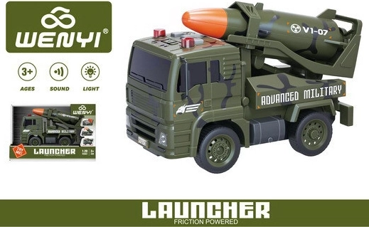 Wojskowy samochód z rakietą na napęd bezwładnościowy, efekty świetlne i dźwiękowe, 19 cm