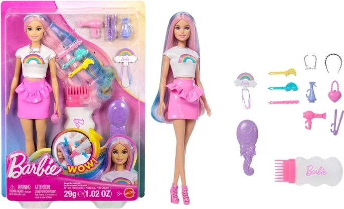 Lalka Barbie z tęczowymi włosami i brokatową stylizacją