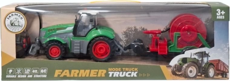 Traktor sterowany radiowo z przyczepą i zwijakiem węża, ze światłem i ładowarką