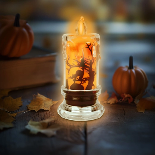 Halloweenowa świeczka LED z nietoperzem i pomarańczowym światłem