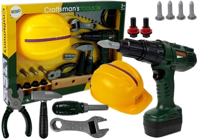 Dziecięcy zestaw narzędzi z wiertarką akumulatorową i kaskiem
